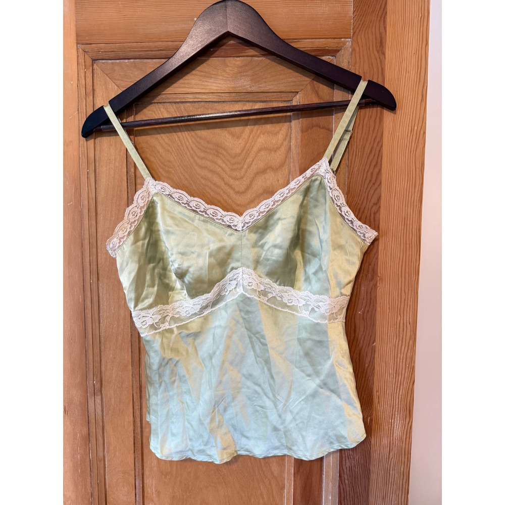 100% Silk Lace Trim Camisole Sage Green Y2K Babydoll Top Size 4  Fairycore